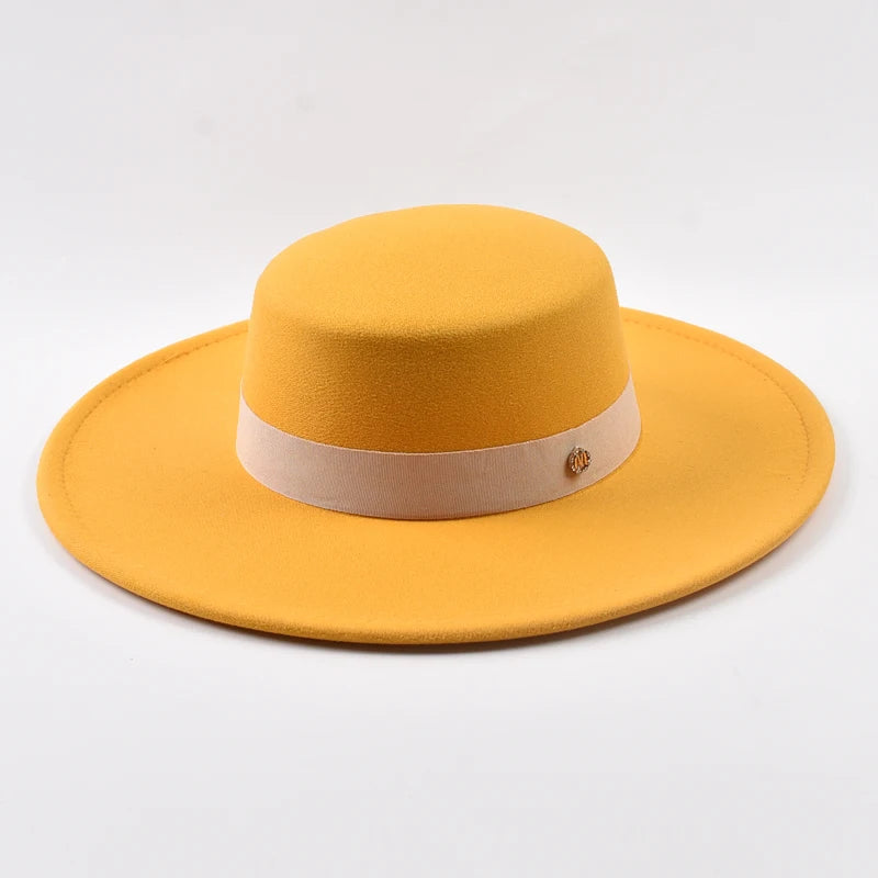 French Style Fedora Hat for Women Autumn Winter 10CM Wide Brim Flat Top Felt Hat Fashion Derby Wedding Jazz Hats