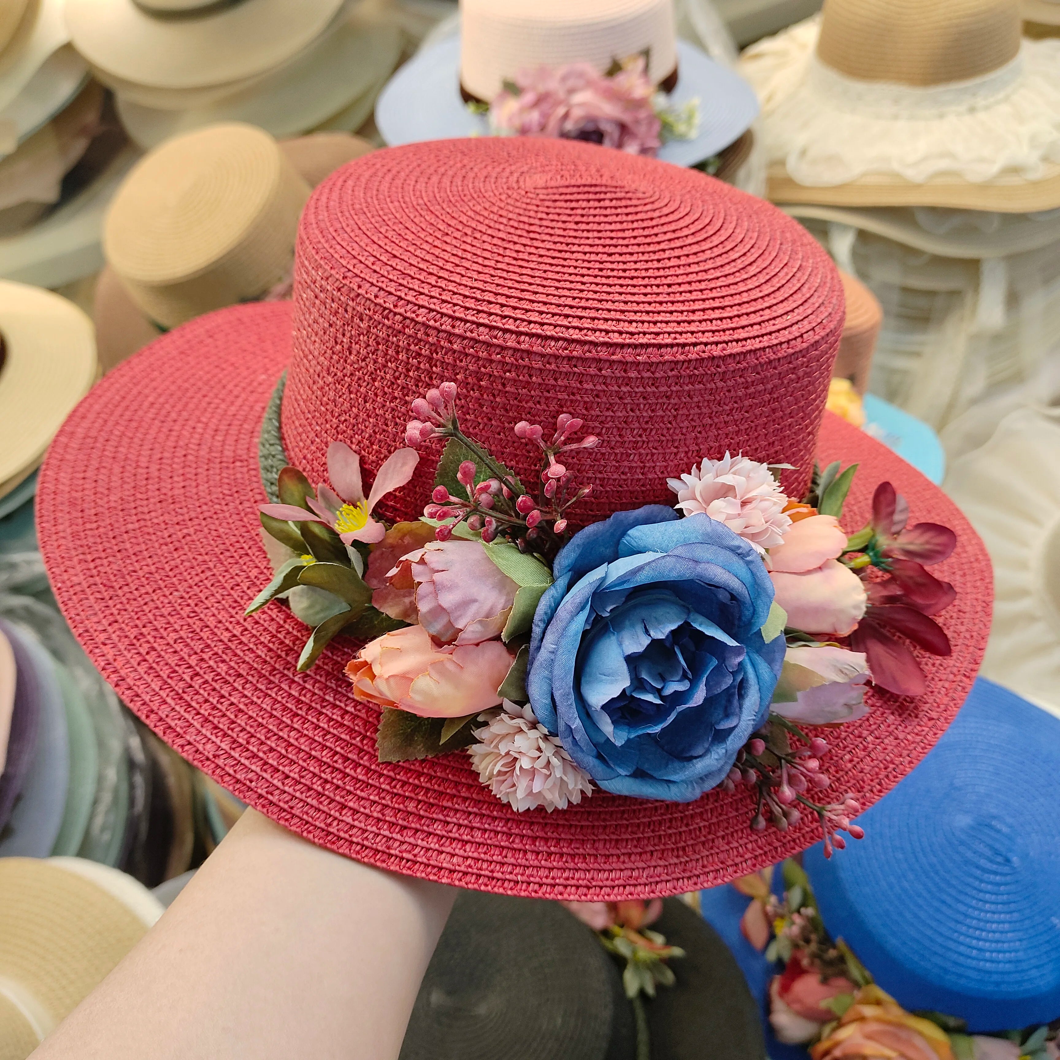 flower hat sunscreen women's flat hat beach hat Barrel cap sun hat spring summer outdoor breathable sunshade straw hat wholesale