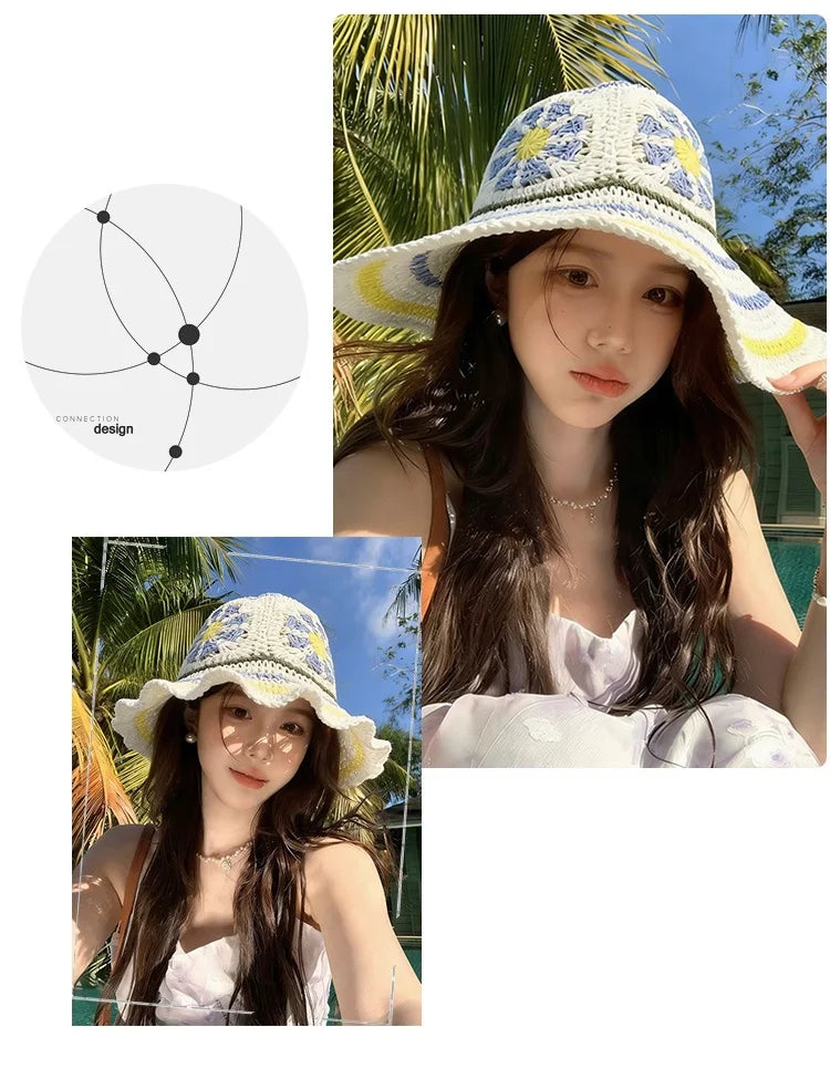 Summer Dopamine-inspired Ethnic-style Sun Hat Women Fashionable Boater Hat with Wide Brim for Outings