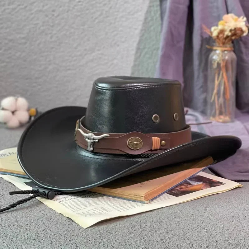 New Faux Leather Western Cowboy Hats for Women Men Vintage Gentleman Dress Hats Panama Cowgirl Jazz Cap Sombrero Hombre