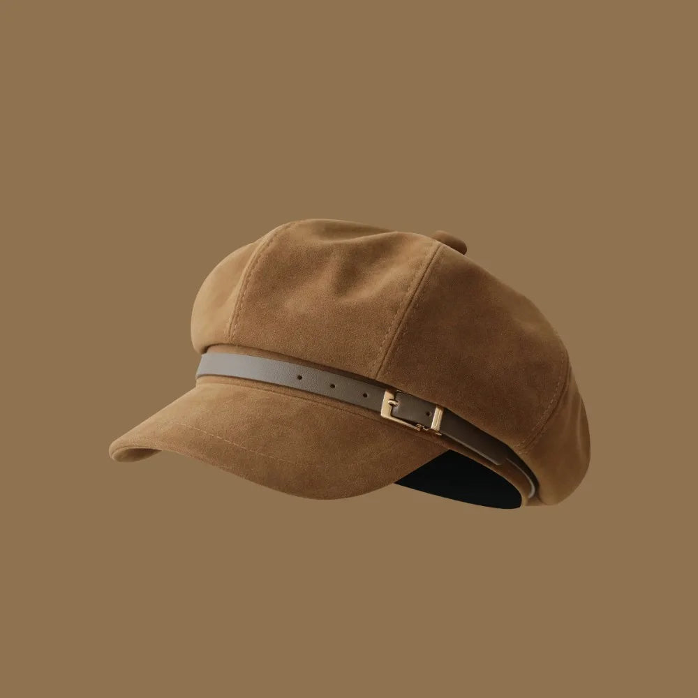 Personality British Style Pu Leather Beret Belt Buckle Brown Suede Octagonal Hat Artist Hat Korean Style Painter Hat Ladies
