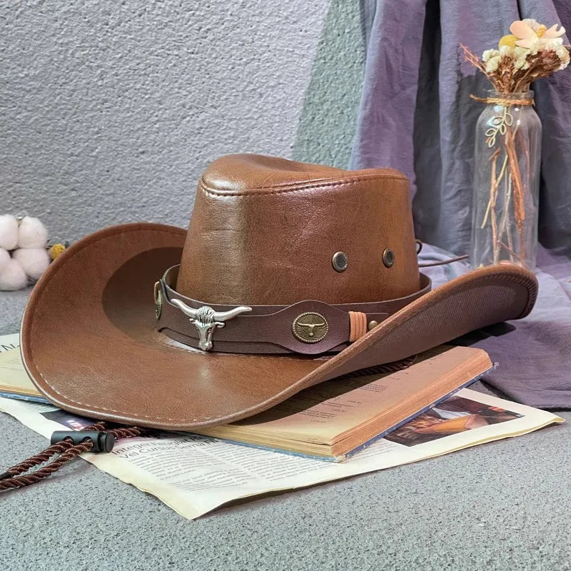 New Faux Leather Western Cowboy Hats for Women Men Vintage Gentleman Dress Hats Panama Cowgirl Jazz Cap Sombrero Hombre