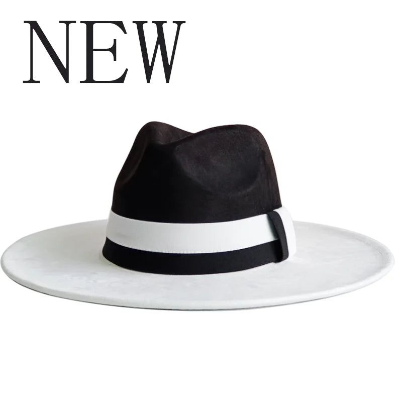 Colorblock Ribbon Colorful Suede Hat Autumn and Winter Women's Felt Hat Wide Brim Hat British Style Retro Men's Gorras Hombre