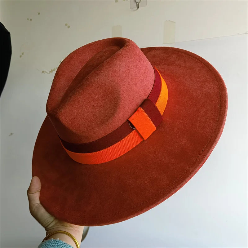 Colorblock Ribbon Colorful Suede Hat Autumn and Winter Women's Felt Hat Wide Brim Hat British Style Retro Men's Gorras Hombre