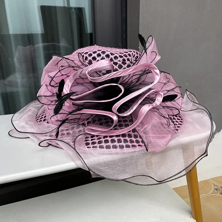 New Arrival Women's Summer Sun Hat, Wide Brim Organza Mesh Lurex Flower, Thin Beach Sun Hat