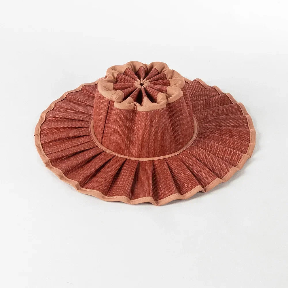 Y2K Parent-Child Summer Reversible Pleated Sun Hats for Women Casual Straw Hat Outdoor Beach Shade Straps Lady Gorras Para Mujer