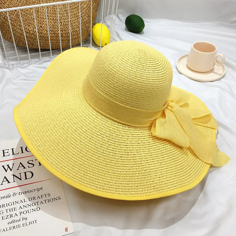 Women Summer Beach Travel Straw Hat Korean Seaside Big Hat Brim Sunblock Sunshade Holiday Foldable Fashion Big Cool Hat