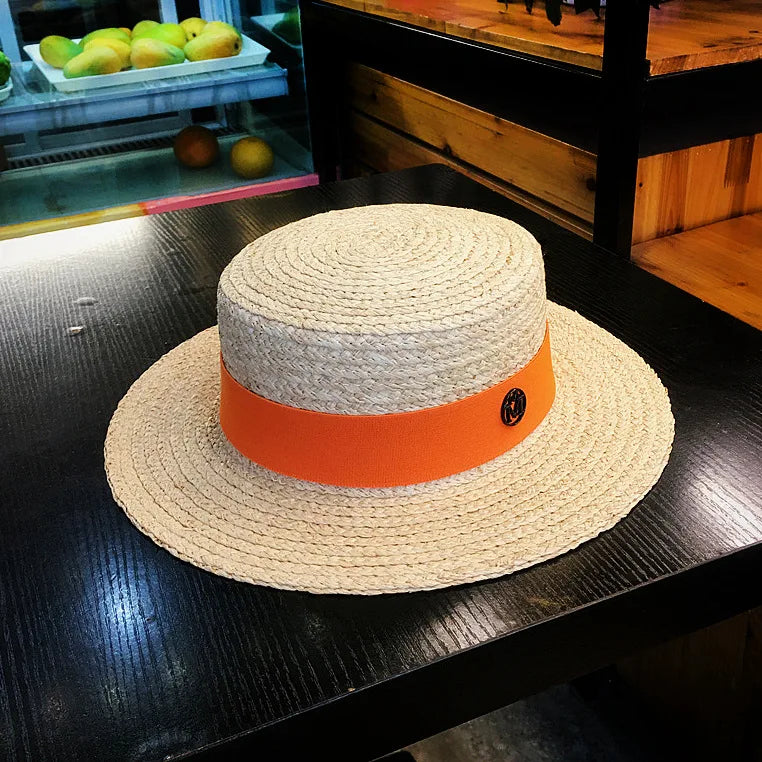 2026 Letter Raffia Boater Hats Women Summer Hat with Ribbon Band Flat Top Sun Hat Wide Brim   Ladies Canotier Beach Hat