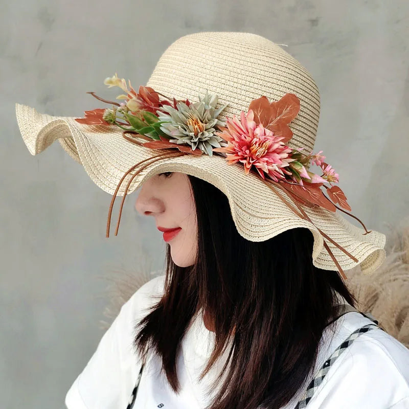 Summer Women Straw Hat with Flowers Wide Brim Wavy Brim Straw Hat Panama Hats Female Lady Outdoor Foldable Beach Sun Cap