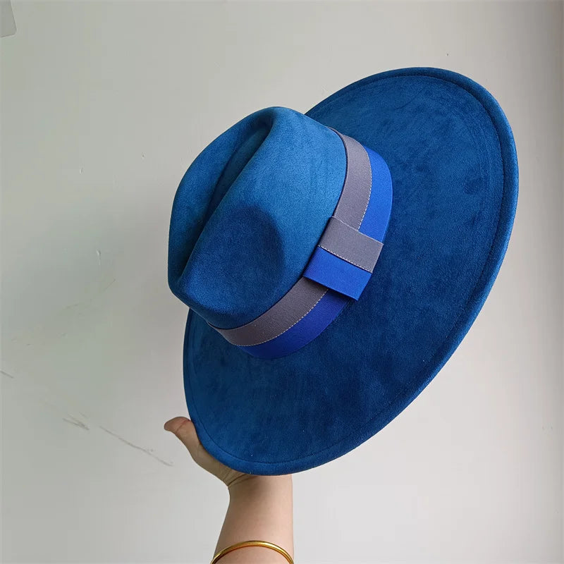 Colorblock Ribbon Colorful Suede Hat Autumn and Winter Women's Felt Hat Wide Brim Hat British Style Retro Men's Gorras Hombre