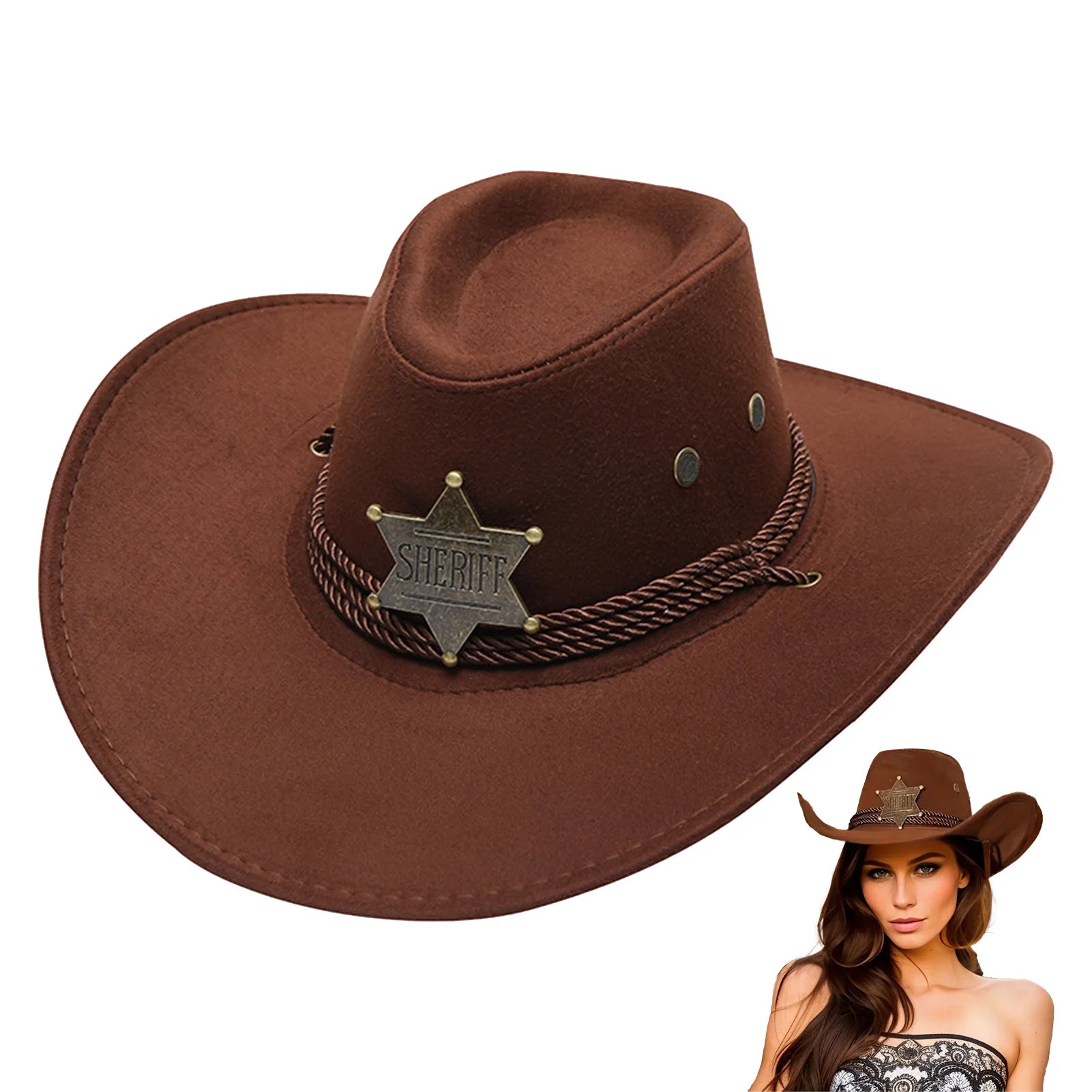 Western Cowboy Hat with Star Three Ropes Coffee Color 56-58cm Flat Top Wide Brim Sun Protection Outdoor Activities for Men Women