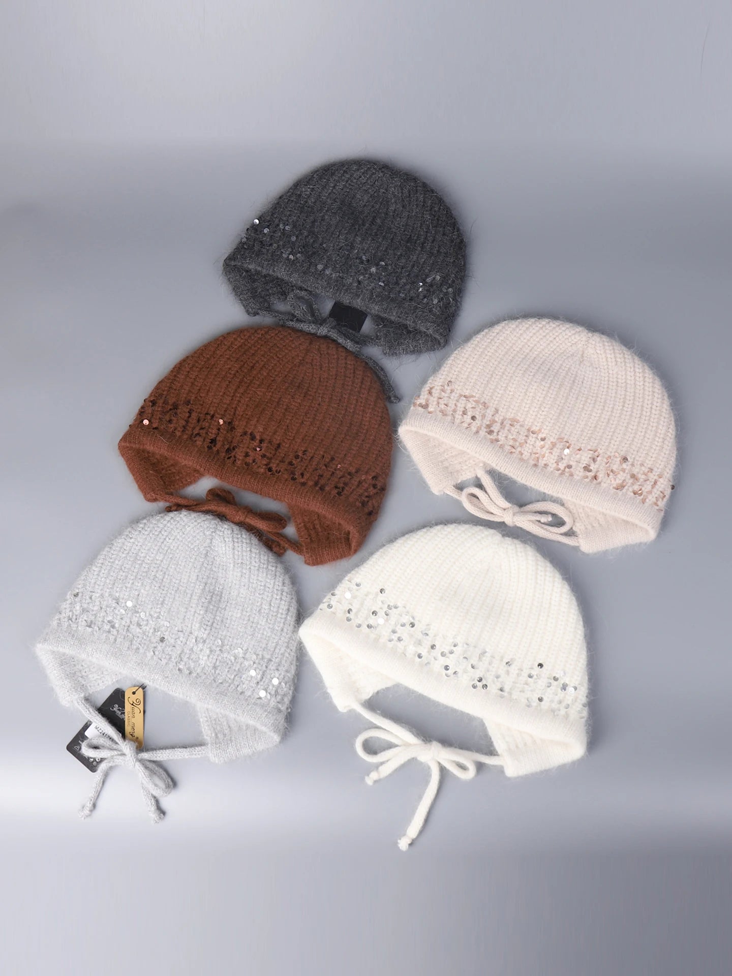Sequined Knitted Rabbit Fur Blended Split Design Woolen Bomber Cap Women Winter Warmth Outdoor Protection Ear Knitted Beanie Cap