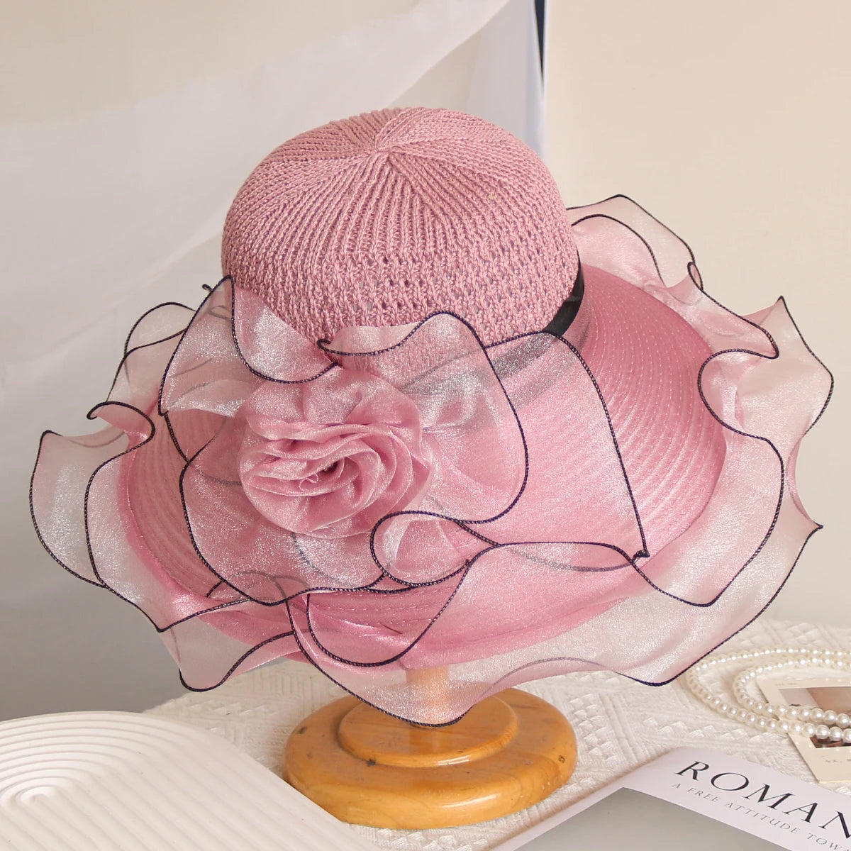 Elegant Summer Women's Sun Hat Breathable Organdy Material Foldable Design Woven Top Flower Decoration
