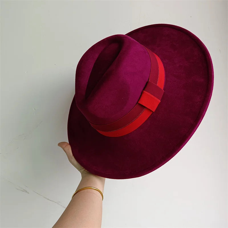 Colorblock Ribbon Colorful Suede Hat Autumn and Winter Women's Felt Hat Wide Brim Hat British Style Retro Men's Gorras Hombre