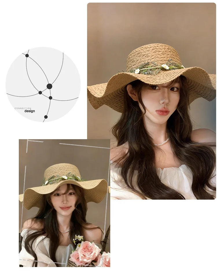 Women's Summer Rustic Daisy Wreath Straw Hat – Versatile Wide-Brimmed Sun Hat for Outings and Holidays