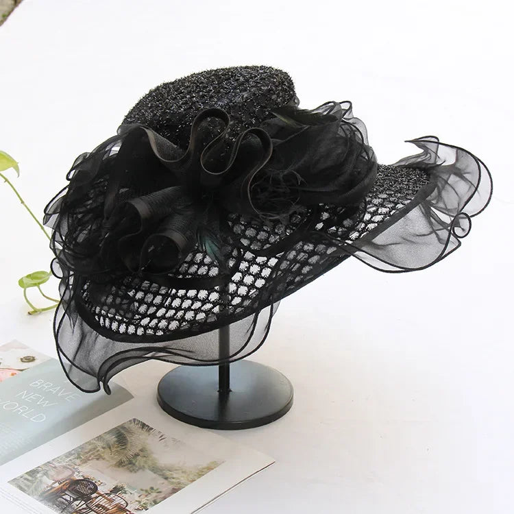 New Arrival Women's Summer Sun Hat, Wide Brim Organza Mesh Lurex Flower, Thin Beach Sun Hat
