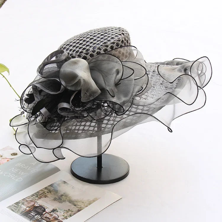 New Arrival Women's Summer Sun Hat, Wide Brim Organza Mesh Lurex Flower, Thin Beach Sun Hat