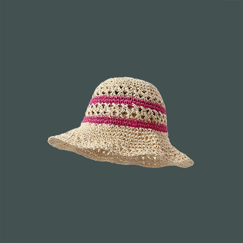 Striped Openwork Knitted Straw Hat: Breathable Fisherman's Hat for Women – Ideal for Beach Holidays, Leisure and Sun Protection