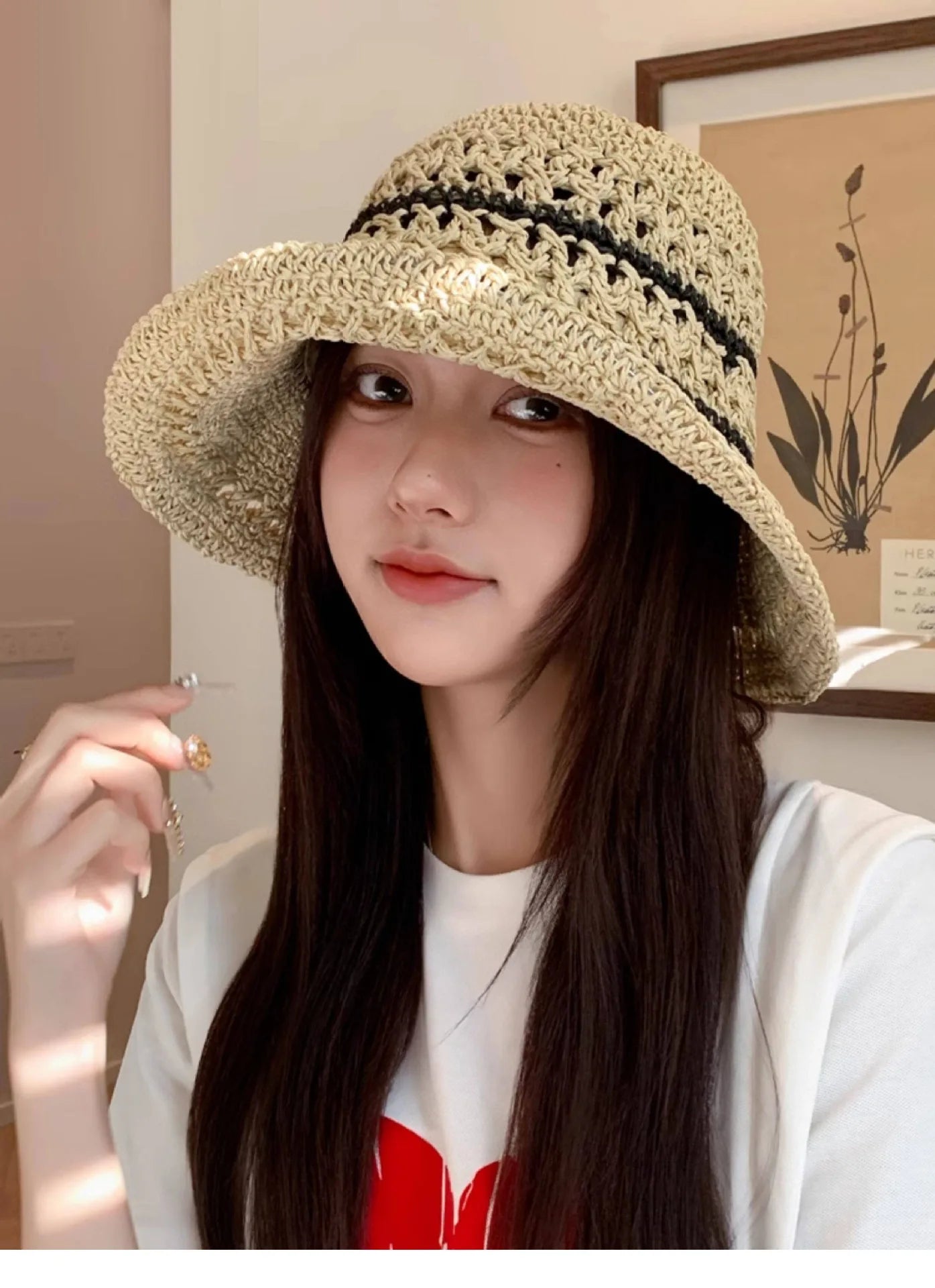 Striped Openwork Knitted Straw Hat: Breathable Fisherman's Hat for Women – Ideal for Beach Holidays, Leisure and Sun Protection