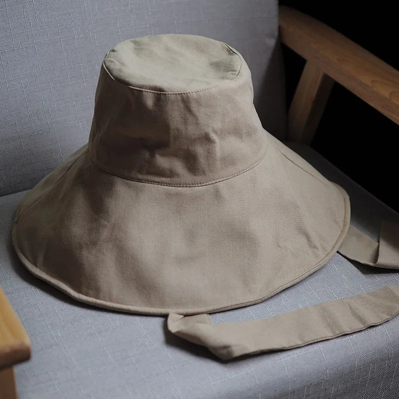 New Summer Spring Japanese Tie Bucket Hat Women's Korean-style Big Eave Fisherman Foldable UV Cotton Linen Beach Strap Sun Hat