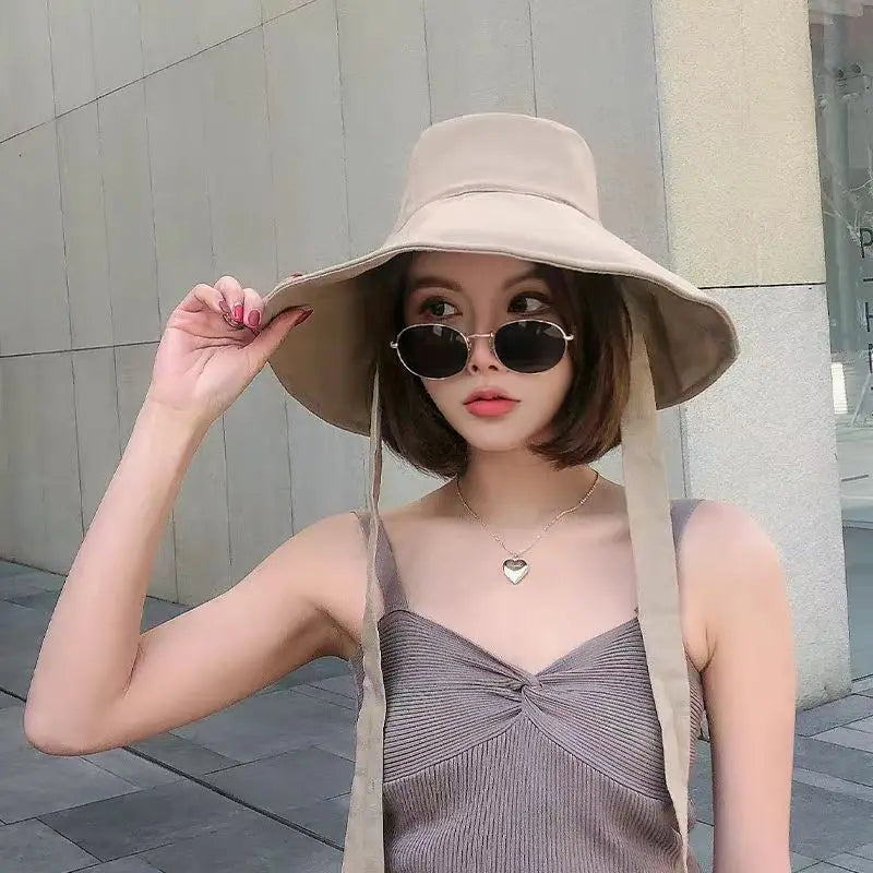 New Summer Spring Japanese Tie Bucket Hat Women's Korean-style Big Eave Fisherman Foldable UV Cotton Linen Beach Strap Sun Hat