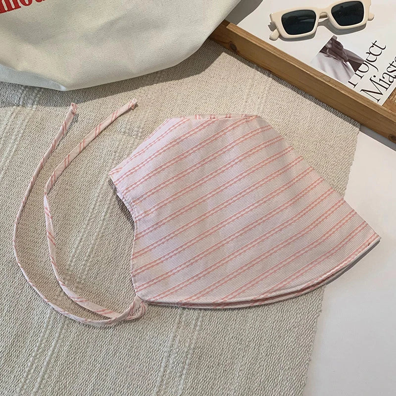 1Pcs Large Brim Foldable Bucket Hats With String For Women Korean Striped Female Panama Bob Outdoor Mountaineering Hat
