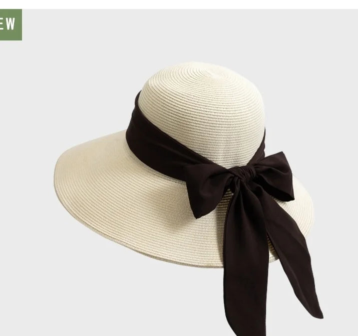 Summer Wide-Brimmed Sun Hat with Bow Ribbon Holiday Outing Sun Protection Straw Fisherman's Hat