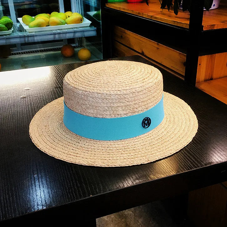 2026 Letter Raffia Boater Hats Women Summer Hat with Ribbon Band Flat Top Sun Hat Wide Brim   Ladies Canotier Beach Hat