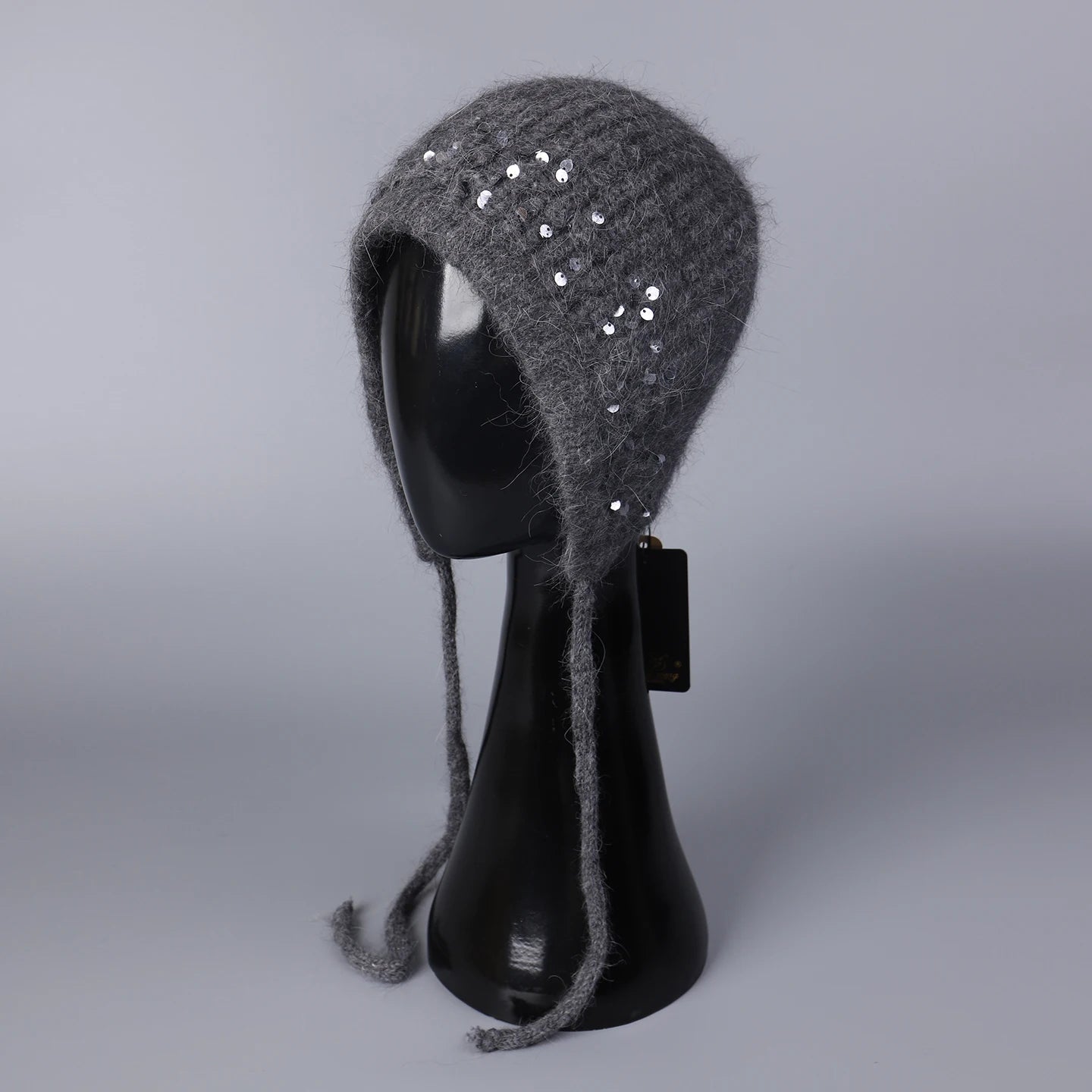 Sequined Knitted Rabbit Fur Blended Split Design Woolen Bomber Cap Women Winter Warmth Outdoor Protection Ear Knitted Beanie Cap