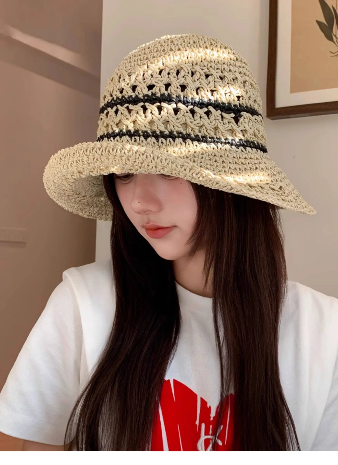 Striped Openwork Knitted Straw Hat: Breathable Fisherman's Hat for Women – Ideal for Beach Holidays, Leisure and Sun Protection