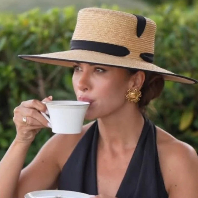 Ladies Sun Fedora Hats Hepburn hat Shiny Straw Hat European American Retro Gold Braided Female Sunshade Flat Sequins Hat