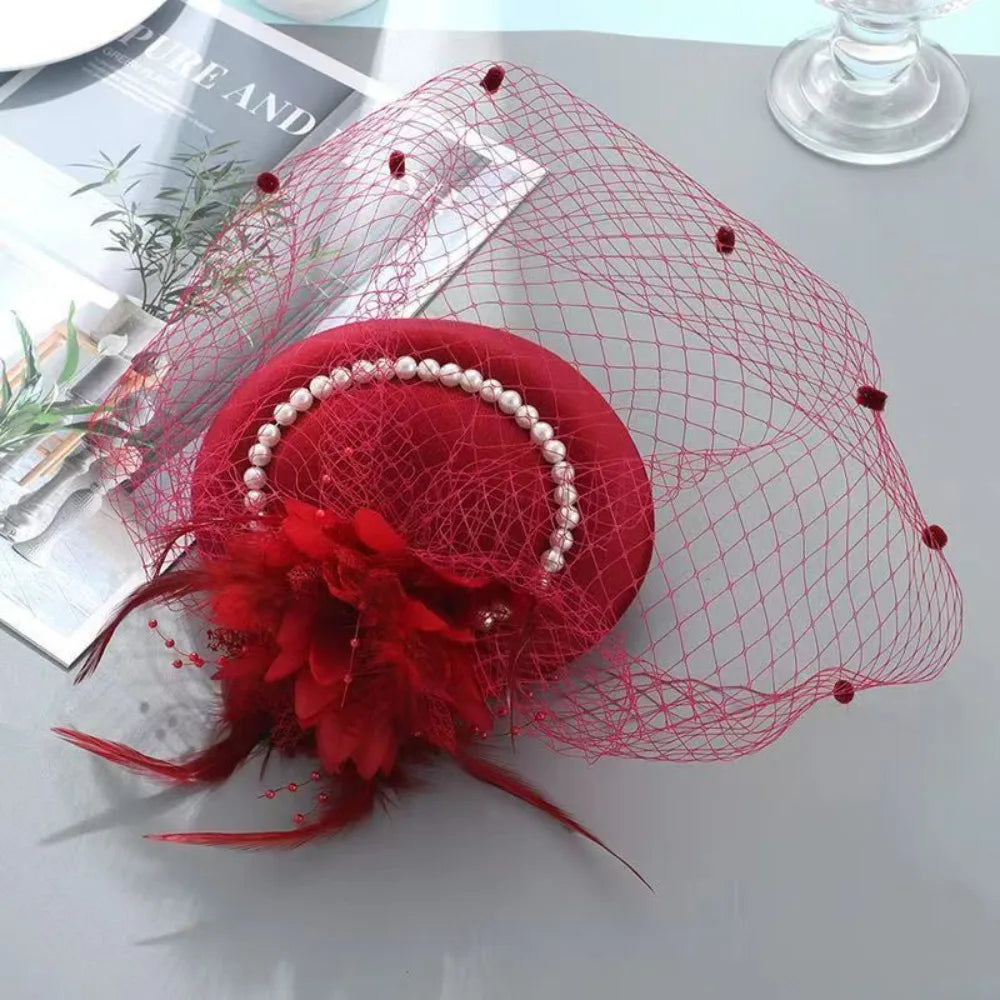 New Elegant Bridal Headwear Pearl Flower Mesh Wedding Veil Hat Temperament Vintage Pillbox Hats For Women