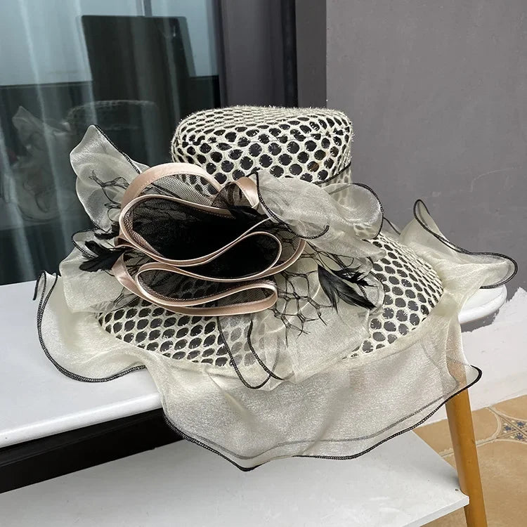 New Arrival Women's Summer Sun Hat, Wide Brim Organza Mesh Lurex Flower, Thin Beach Sun Hat
