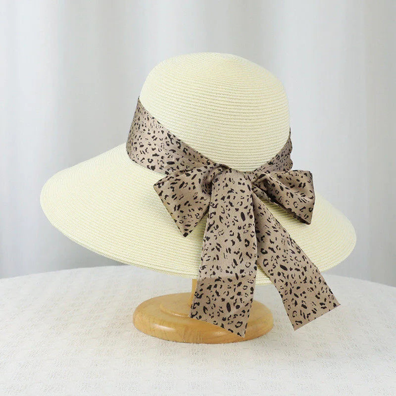 Leopard Print Bow Straw Hat – Beach and Seaside Holiday Hat for Women: Summer Outdoor Sun Hat for Sun Protection