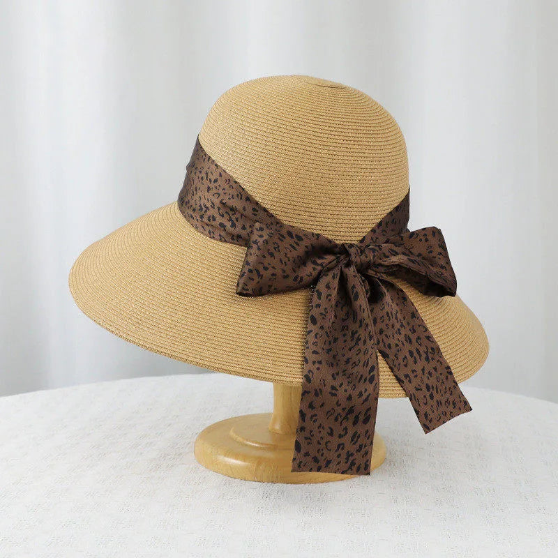 Leopard Print Bow Straw Hat – Beach and Seaside Holiday Hat for Women: Summer Outdoor Sun Hat for Sun Protection