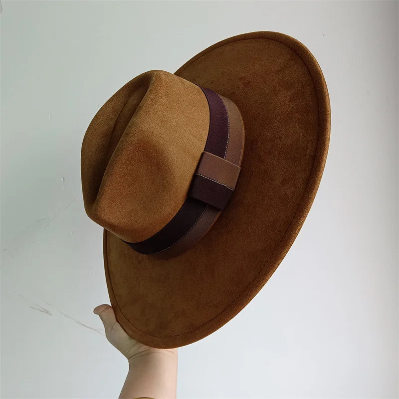 Colorblock Ribbon Colorful Suede Hat Autumn and Winter Women's Felt Hat Wide Brim Hat British Style Retro Men's Gorras Hombre