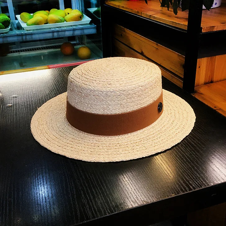 2026 Letter Raffia Boater Hats Women Summer Hat with Ribbon Band Flat Top Sun Hat Wide Brim   Ladies Canotier Beach Hat