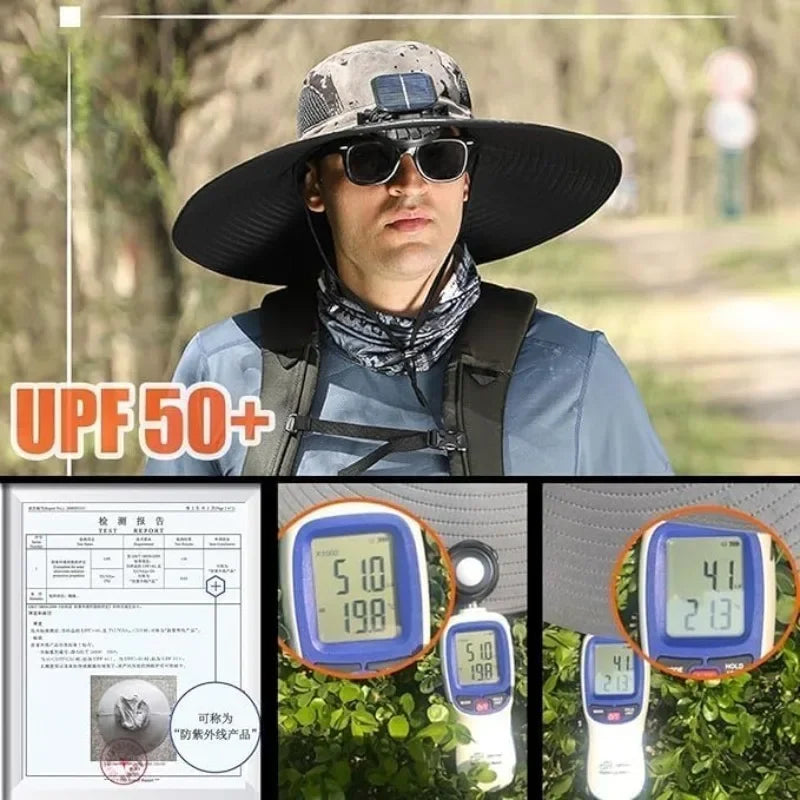 New Men's Fashion Wide Brim Solar Fan Hat UPF50+ Sun Protection with Dual Power (Solar USB) Adjustable Outdoor Beach Fishing Hat