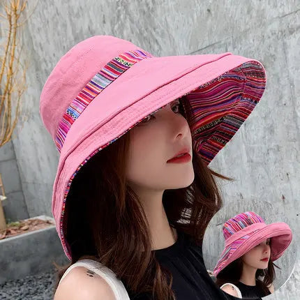 Hat women's summer big edge double-sided sunshade bucket hat Korean version versatile ethnic style travel sun protection Cap