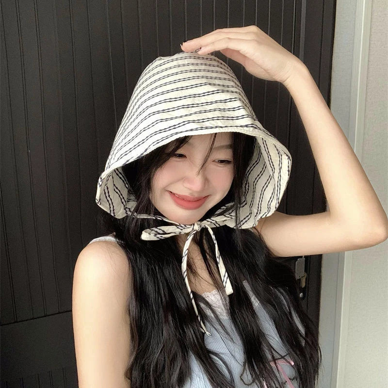 1Pcs Large Brim Foldable Bucket Hats With String For Women Korean Striped Female Panama Bob Outdoor Mountaineering Hat