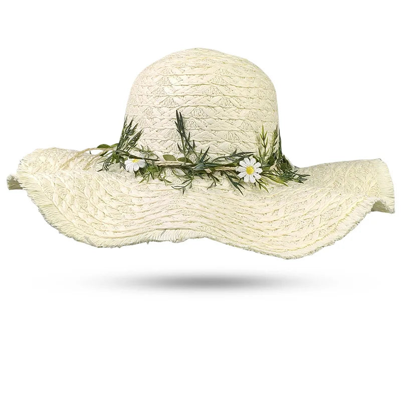 Women's Summer Rustic Daisy Wreath Straw Hat – Versatile Wide-Brimmed Sun Hat for Outings and Holidays