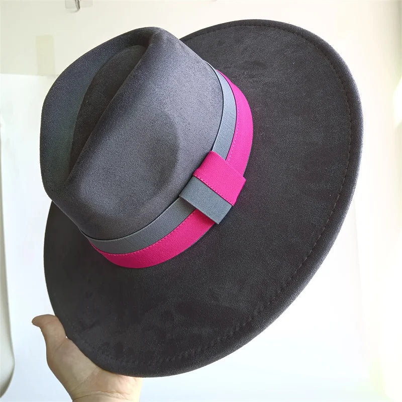 Colorblock Ribbon Colorful Suede Hat Autumn and Winter Women's Felt Hat Wide Brim Hat British Style Retro Men's Gorras Hombre