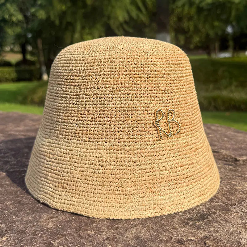 Fashion Raffia Fine Needle Luxury Bucket Hat For Women Summer Sun Shading Fisherman Hat Designer Wide Brim Basin Hat K Pop