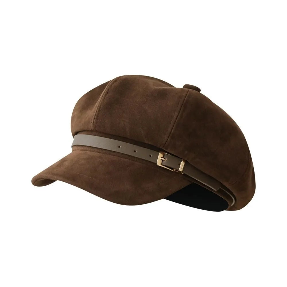 Personality British Style Pu Leather Beret Belt Buckle Brown Suede Octagonal Hat Artist Hat Korean Style Painter Hat Ladies