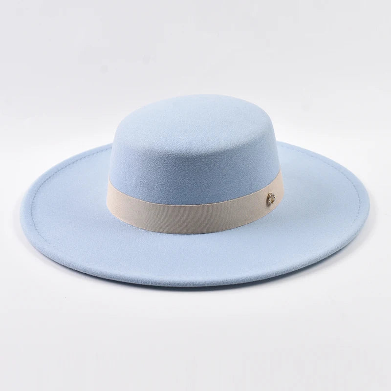 French Style Fedora Hat for Women Autumn Winter 10CM Wide Brim Flat Top Felt Hat Fashion Derby Wedding Jazz Hats