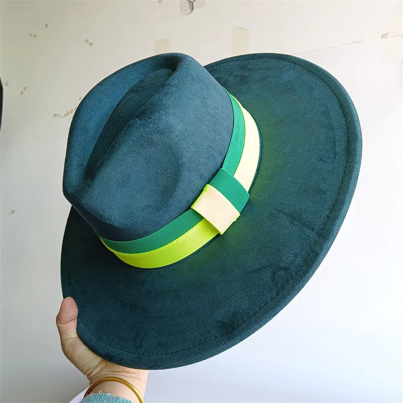 Colorblock Ribbon Colorful Suede Hat Autumn and Winter Women's Felt Hat Wide Brim Hat British Style Retro Men's Gorras Hombre