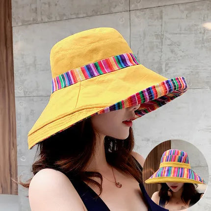 Hat women's summer big edge double-sided sunshade bucket hat Korean version versatile ethnic style travel sun protection Cap
