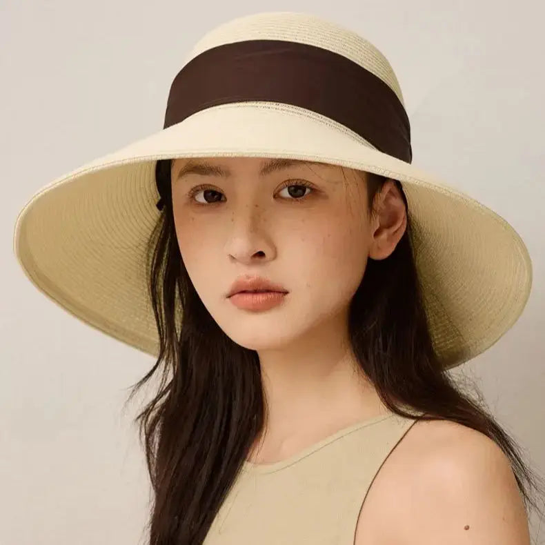 Summer Wide-Brimmed Sun Hat with Bow Ribbon Holiday Outing Sun Protection Straw Fisherman's Hat