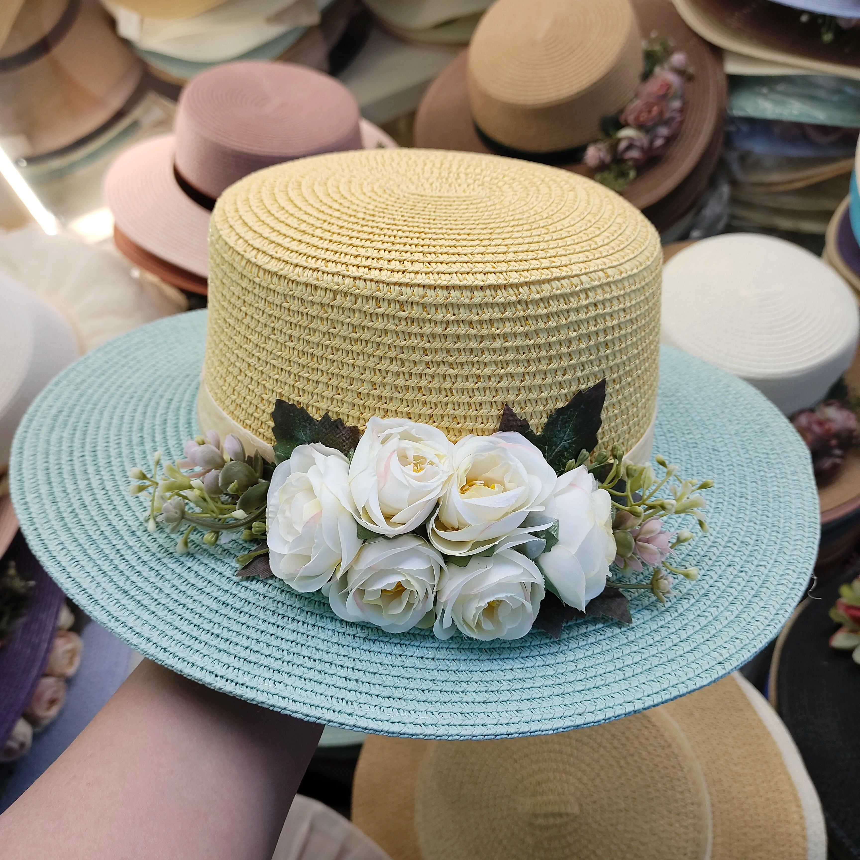 flower hat sunscreen women's flat hat beach hat Barrel cap sun hat spring summer outdoor breathable sunshade straw hat wholesale