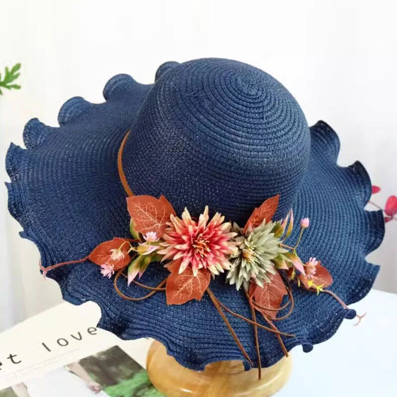 Summer Women Straw Hat with Flowers Wide Brim Wavy Brim Straw Hat Panama Hats Female Lady Outdoor Foldable Beach Sun Cap